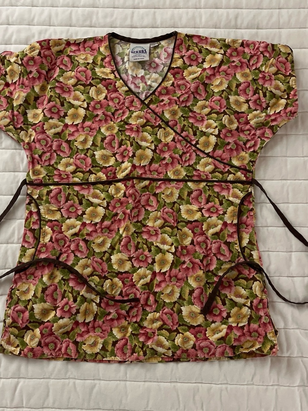 Floral Wrap Scrub Top with Pockets - Pink & Yellow
